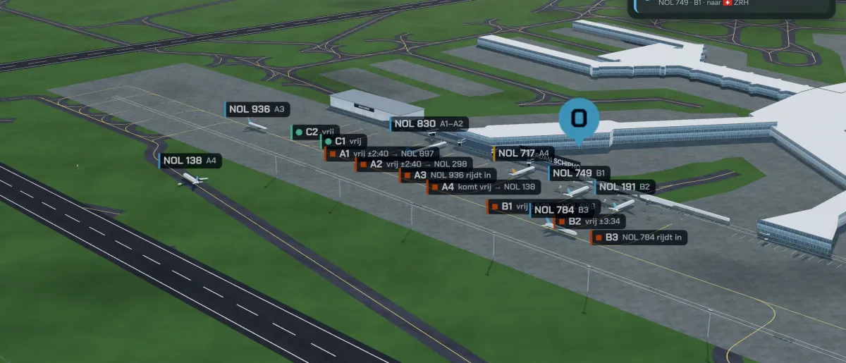 Gatefield: un aeroporto in 3D con aerei ai gate e un'etichetta per ogni volo.