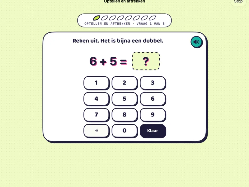 Oeli: een rekenvraag, 6 plus 5, met een groot cijferklavier.