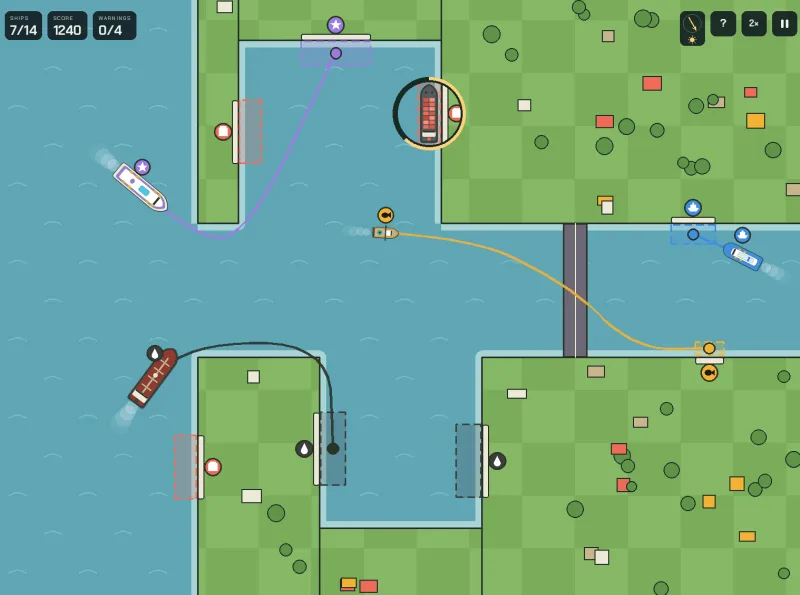 Un porto in World Port Control con navi, rotte disegnate, banchine e un ponte.
