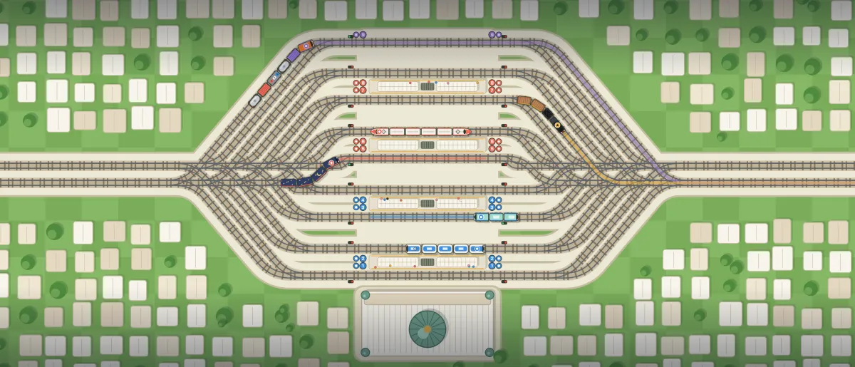 World Rail Control: treni attraversano gli scambi di una grande stazione.